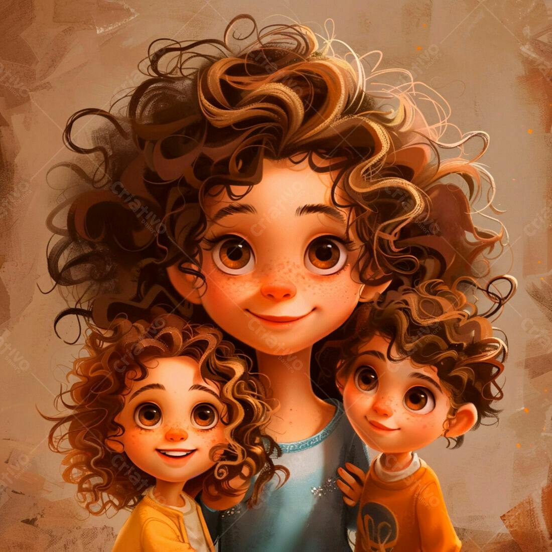 Mãe e filhos sorrindo retrato estilo cartoon
