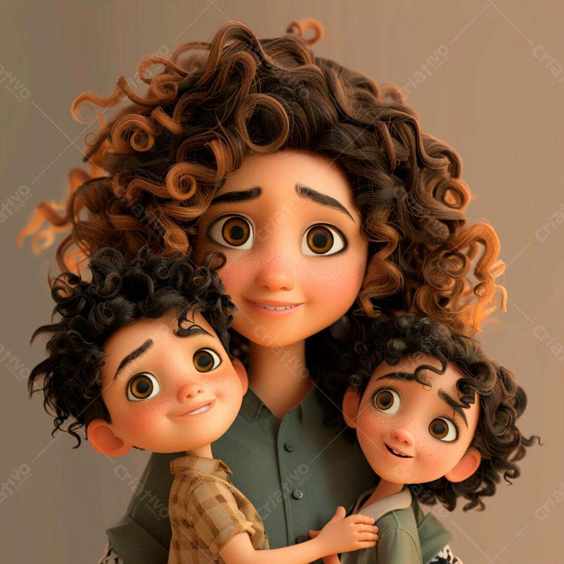 Mãe e dois filhos abraçados estilo desenho animado