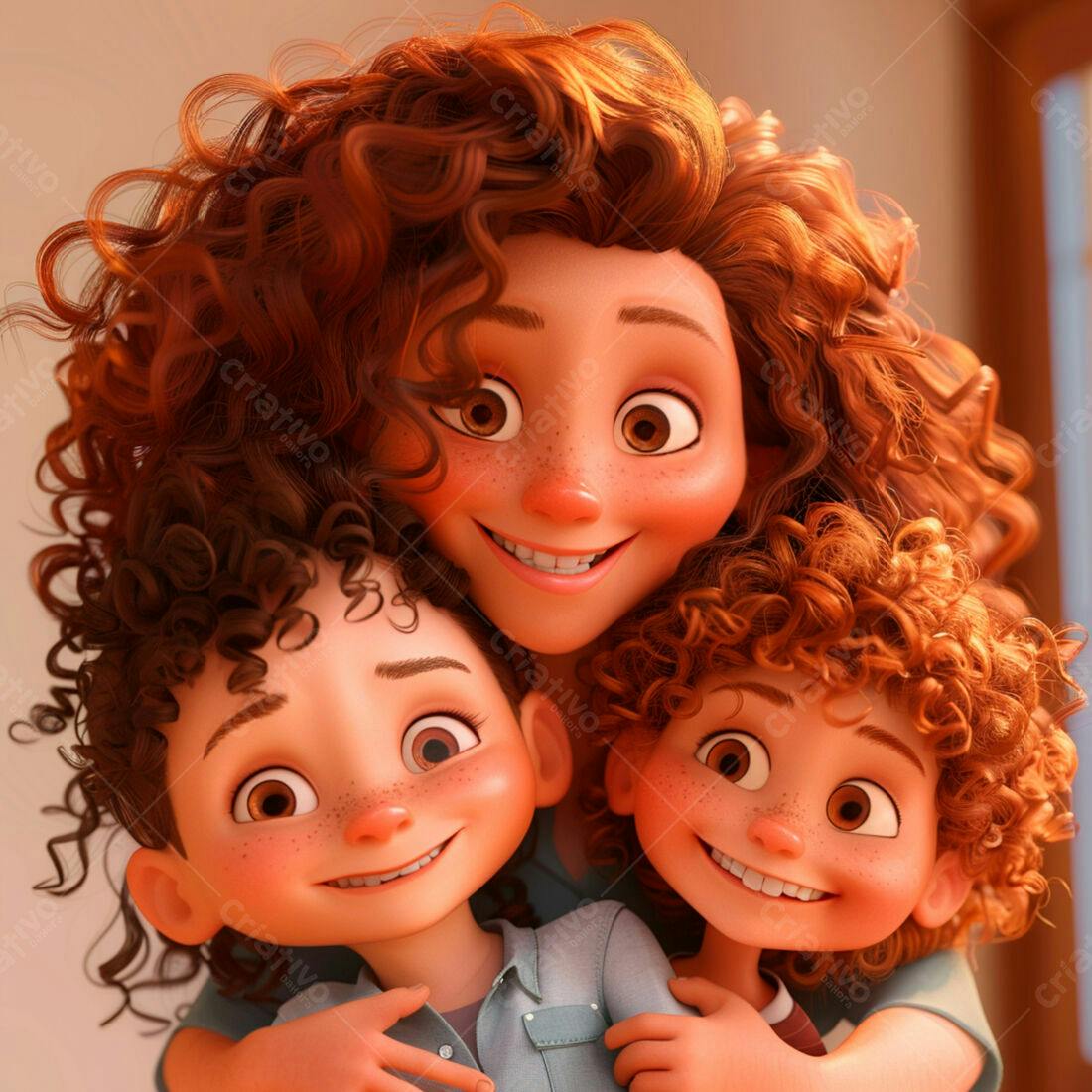 Mãe e filhos sorrindo abraço família desenho animado