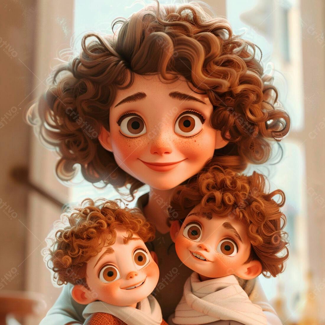 Mãe e filhos sorrindo desenho animado