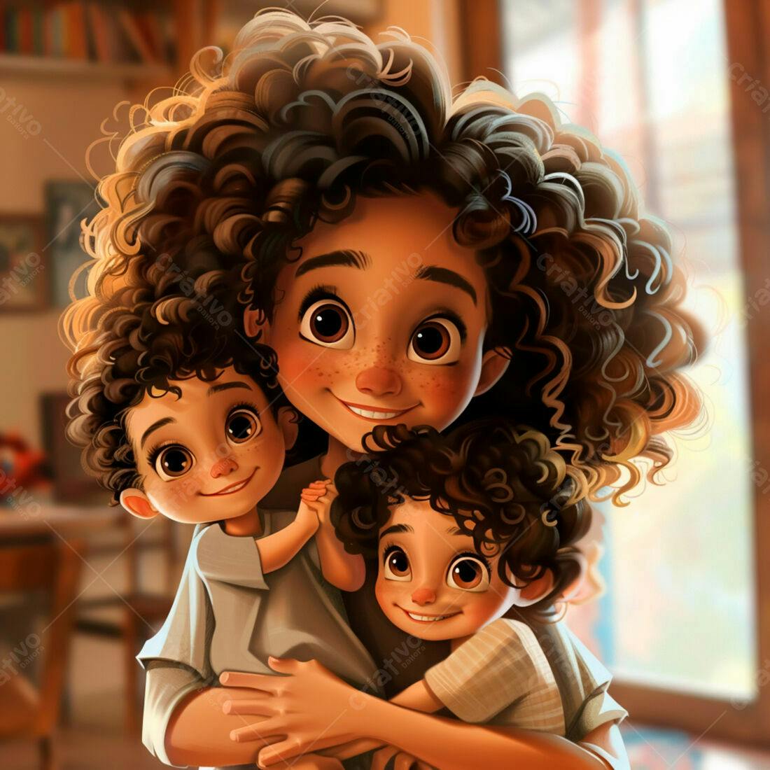 Mãe abraçando seus filhos sorrindo