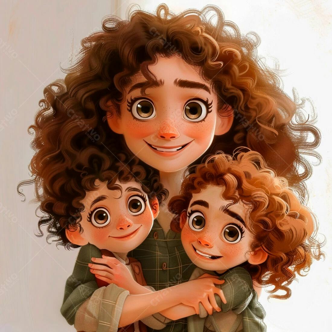 Mãe e filhos abraçados estilo cartoon