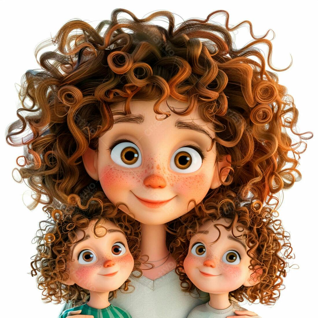 Mãe e gêmeos sorrindo ilustração 3D