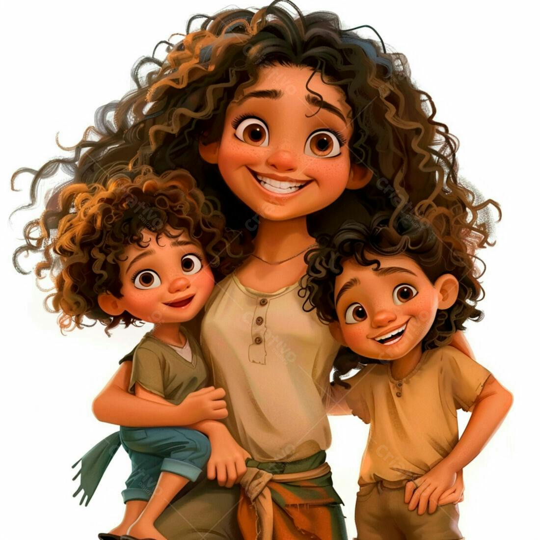 Mãe e filhos sorrindo desenho animado