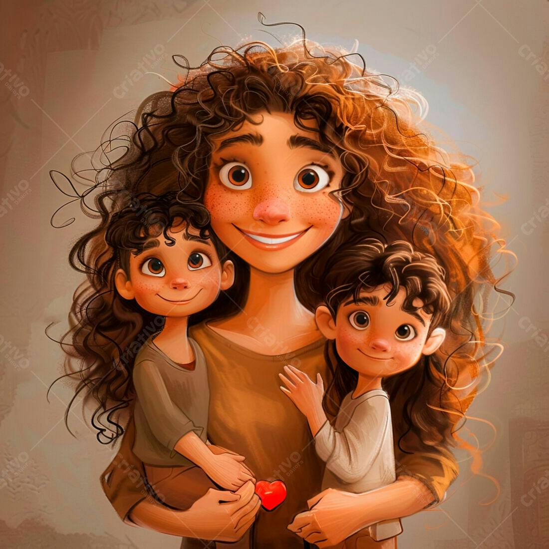 Mãe e filhos abraçados com coração