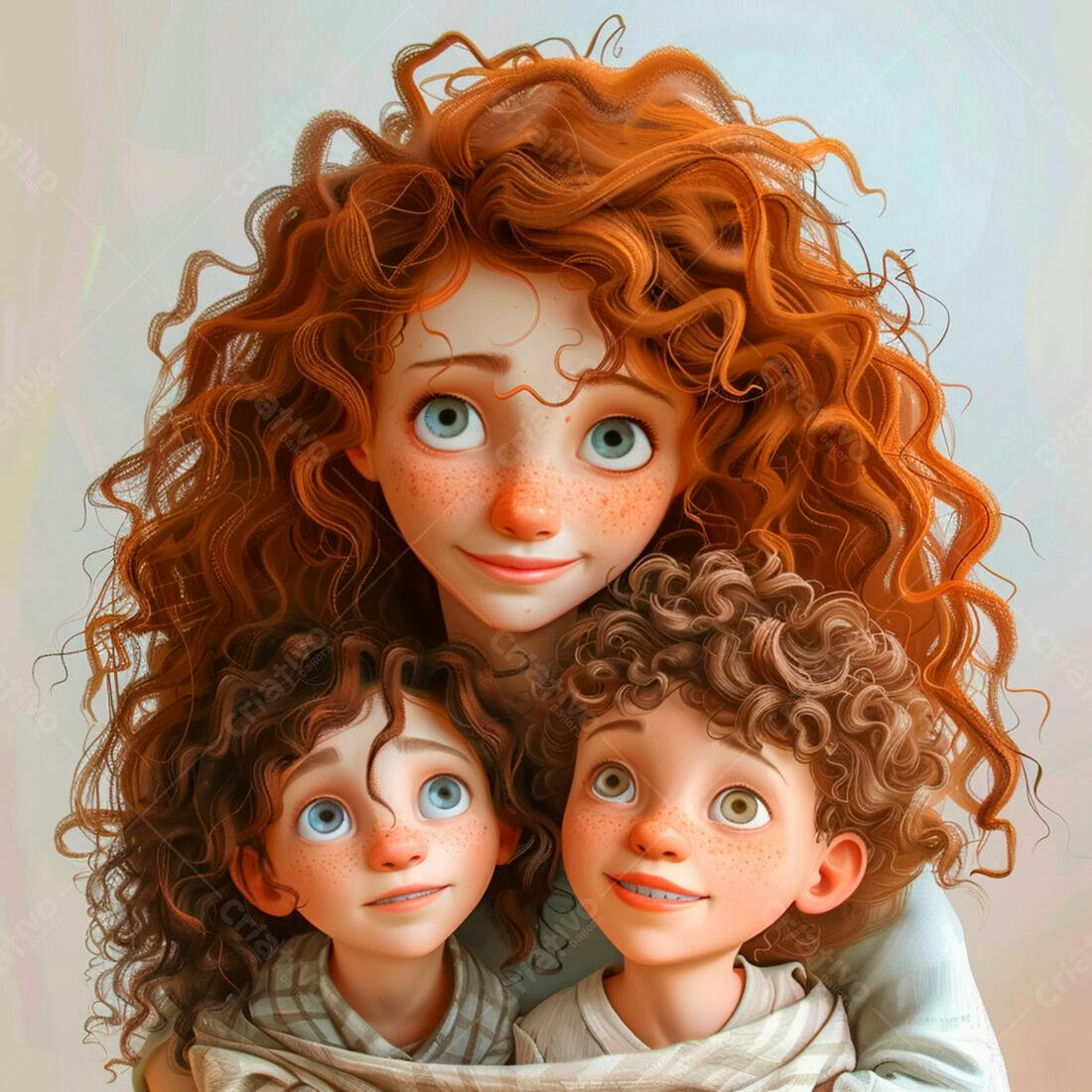 Mãe e filhos ruivos em retrato animado