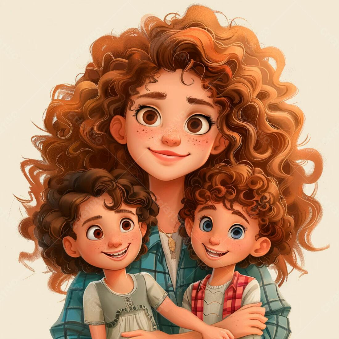 Mãe e filhos sorrindo retrato estilo desenho animado