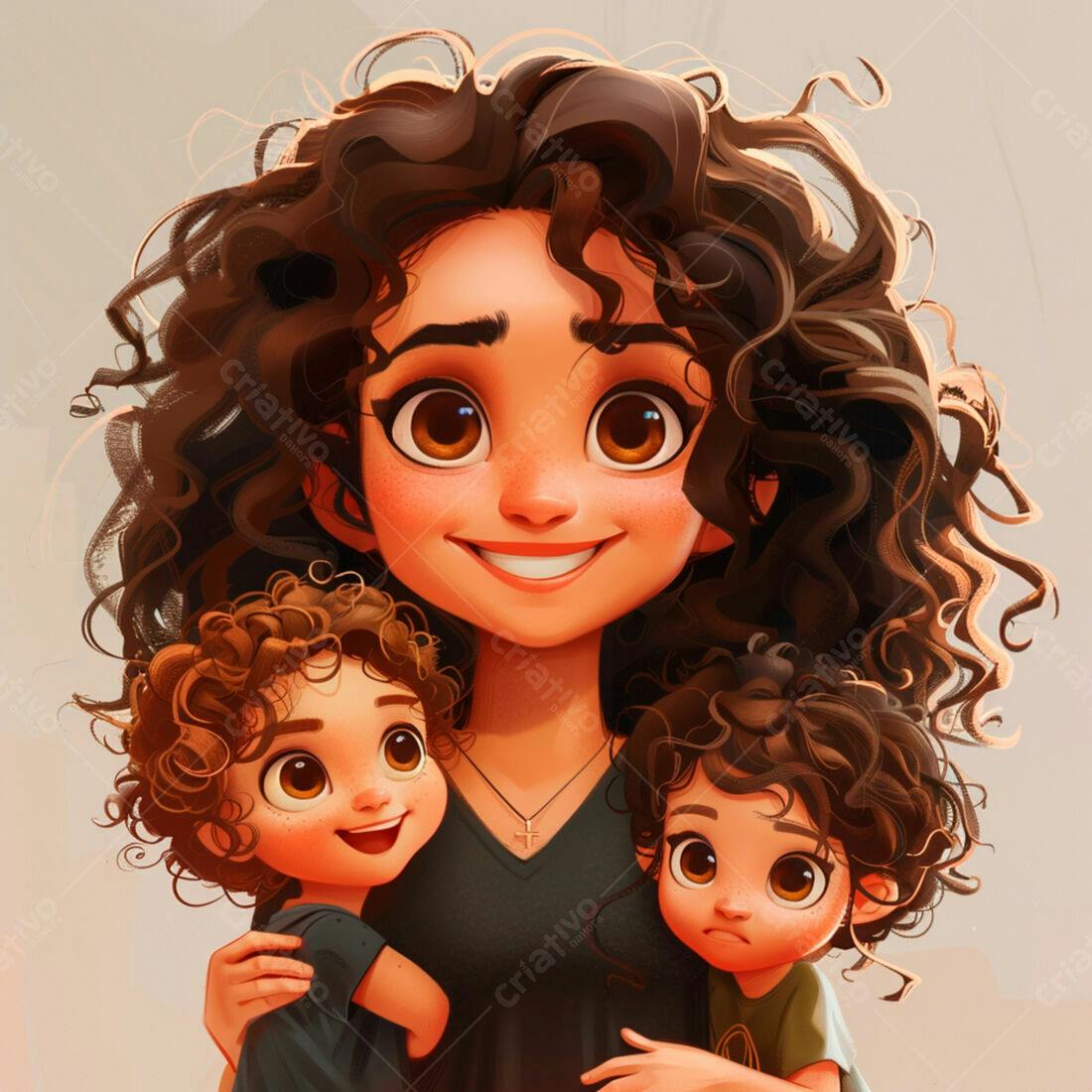 Mãe abraçando seus filhos sorrindo