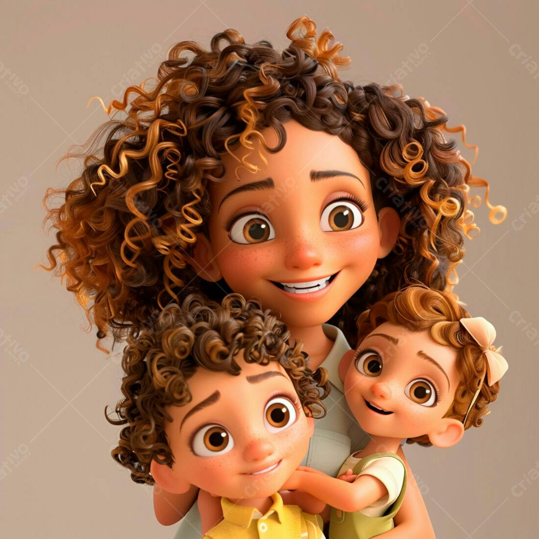 Mãe e filhos sorrindo ilustração 3D