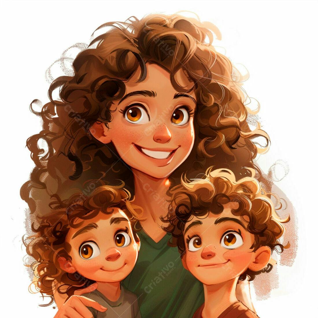 Mãe e filhos sorrindo retrato estilo desenho animado