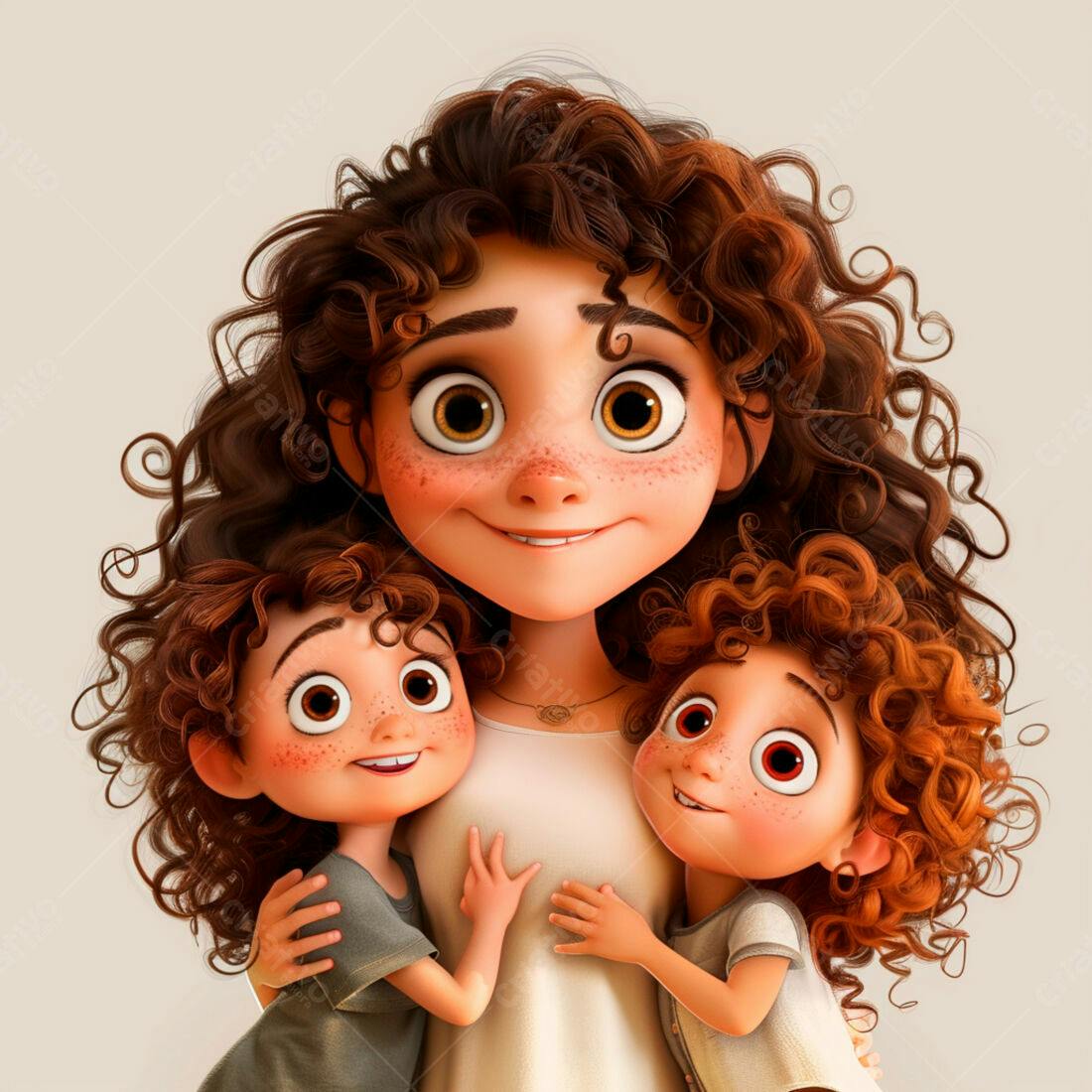 Mãe e filhas abraçadas em ilustração 3D