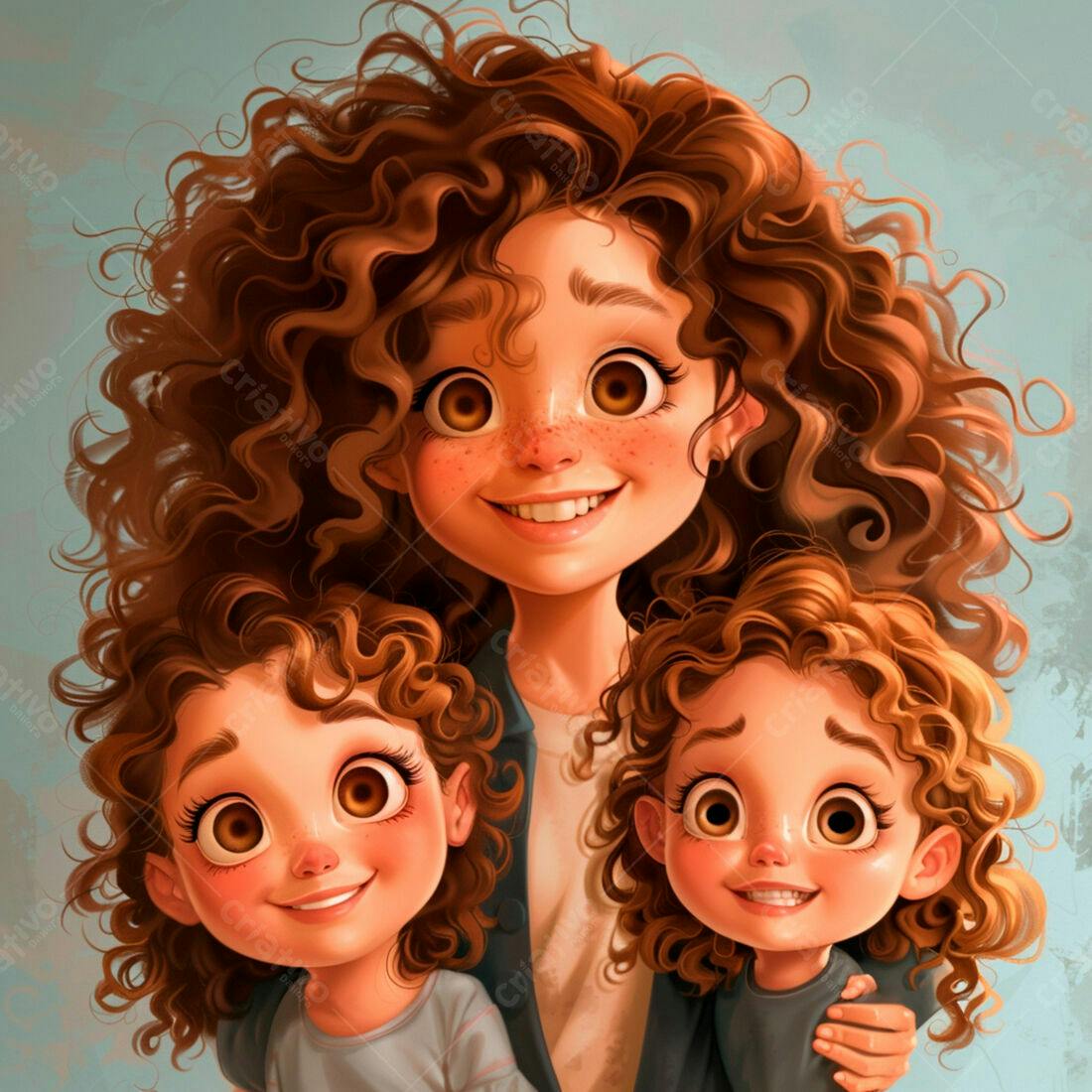 Mãe e filhas sorrindo retrato estilo cartoon