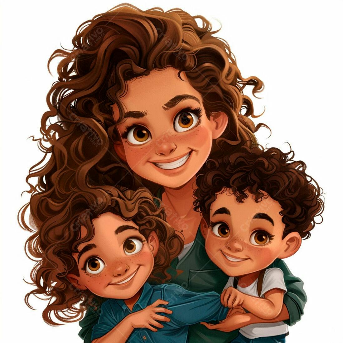 Mãe e filhos sorrindo desenho animado