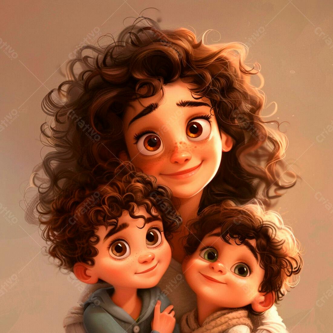 Mãe e filhos sorrindo retrato animado