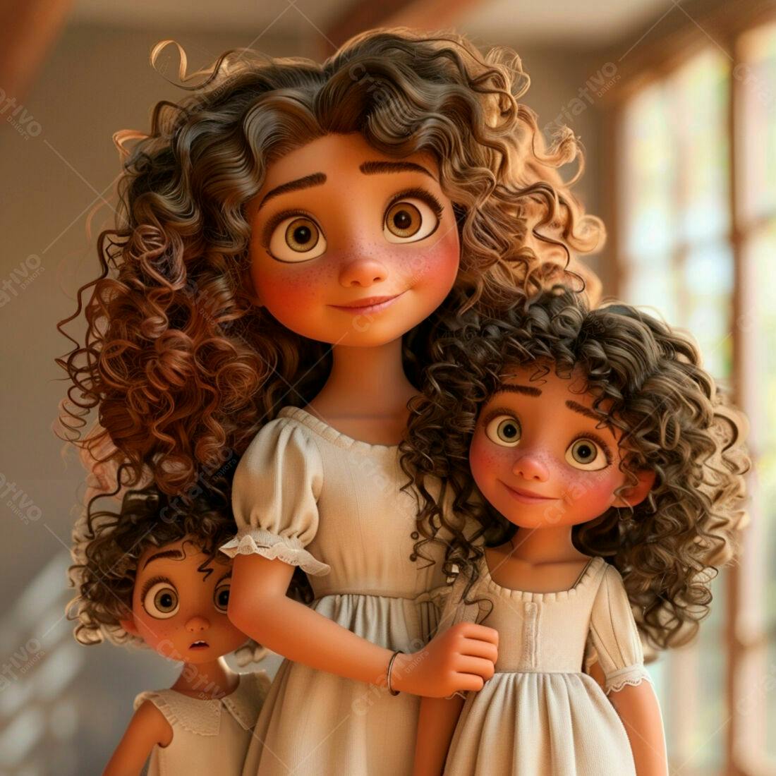 Mãe e filhas animadas em vestido bege
