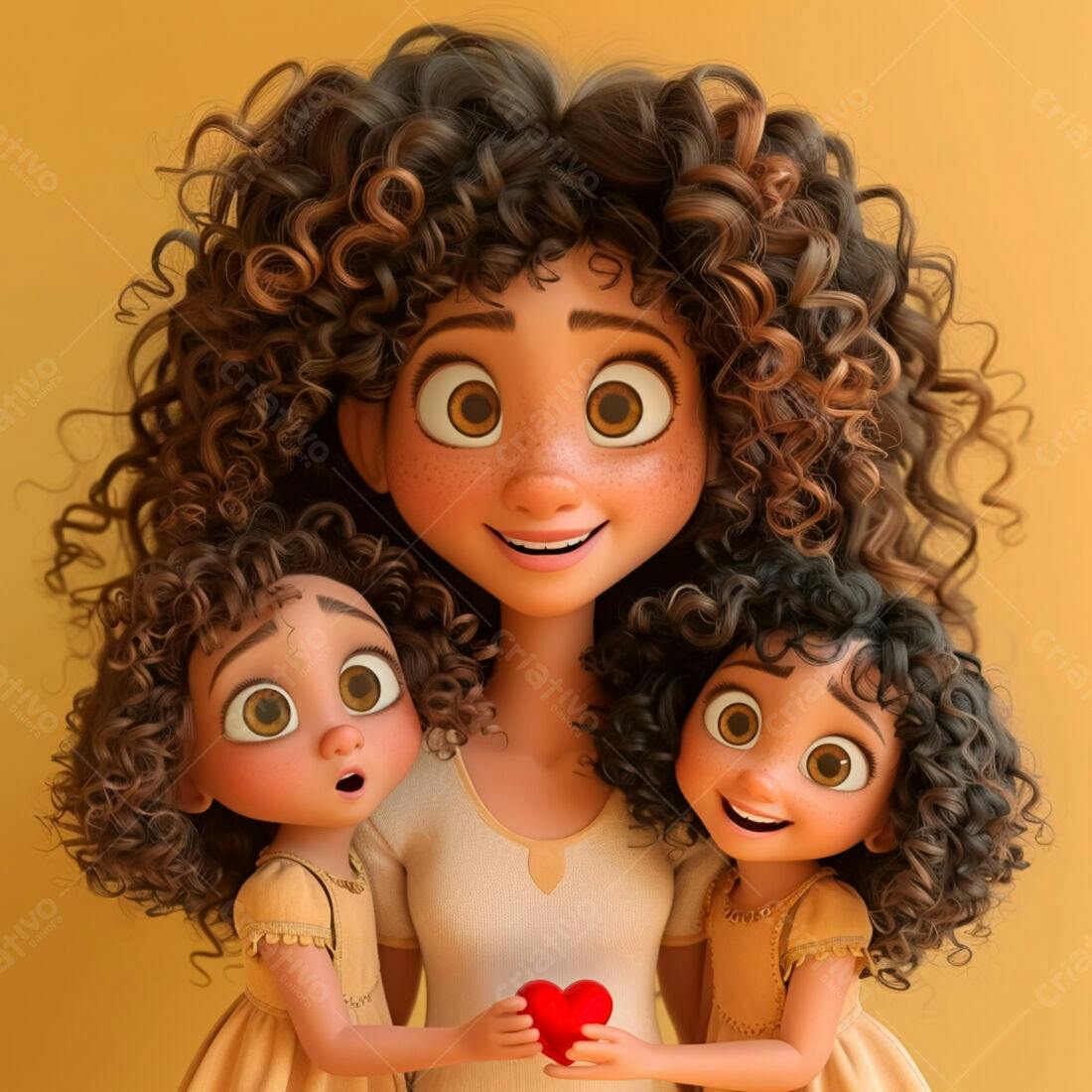 Mãe e Filhas Animadas com Coração