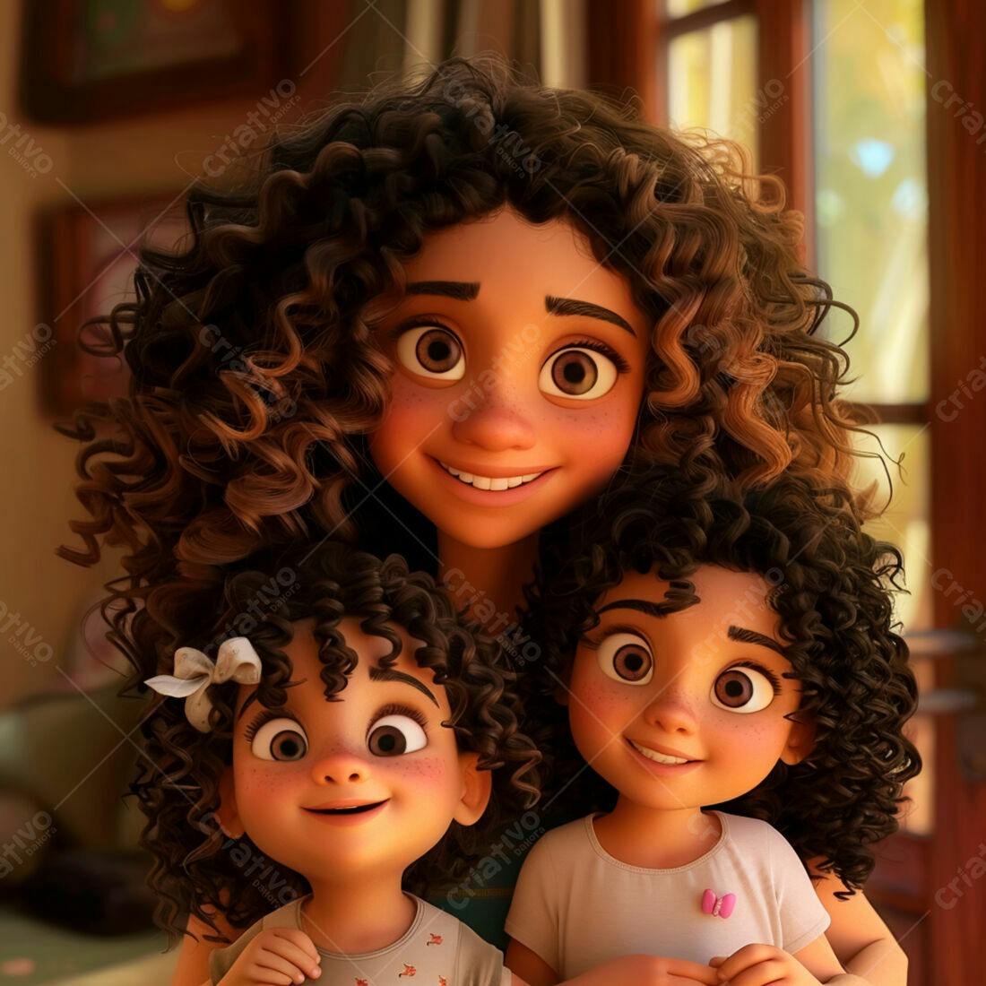 Mãe e filhas sorrindo juntas em casa