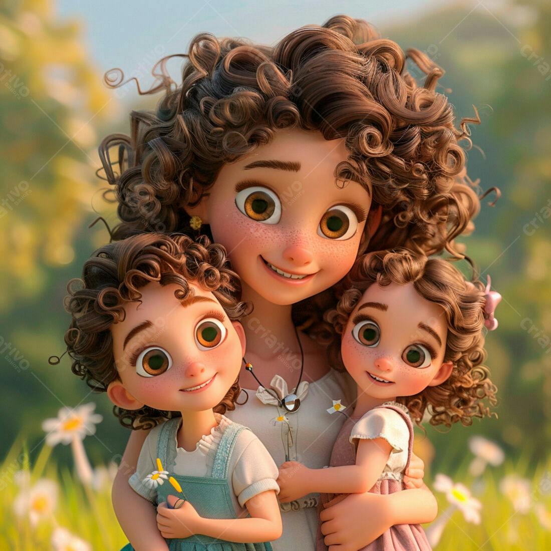 Mãe e filhas gêmeas sorrindo num campo