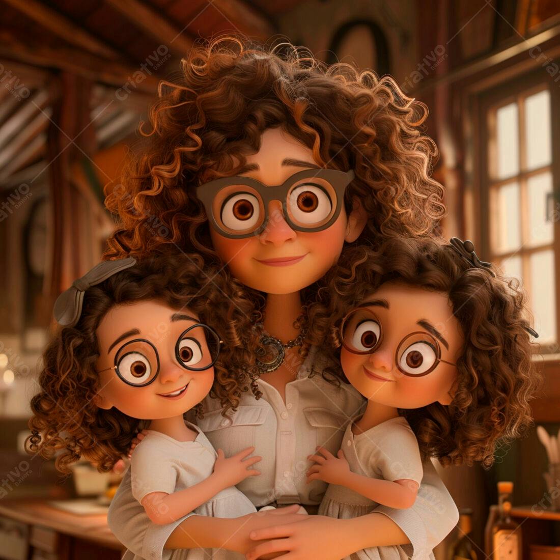 Mãe e filhas abraçadas estilo cartoon