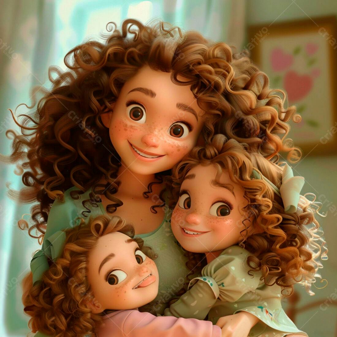 Mãe e filhas abraçadas ilustração digital