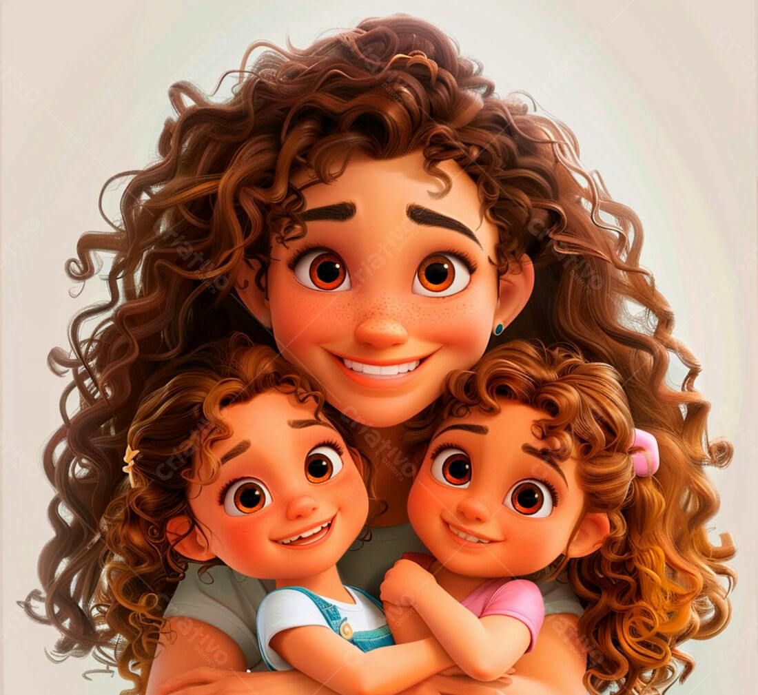 Mãe e filhas abraçadas estilo desenho animado