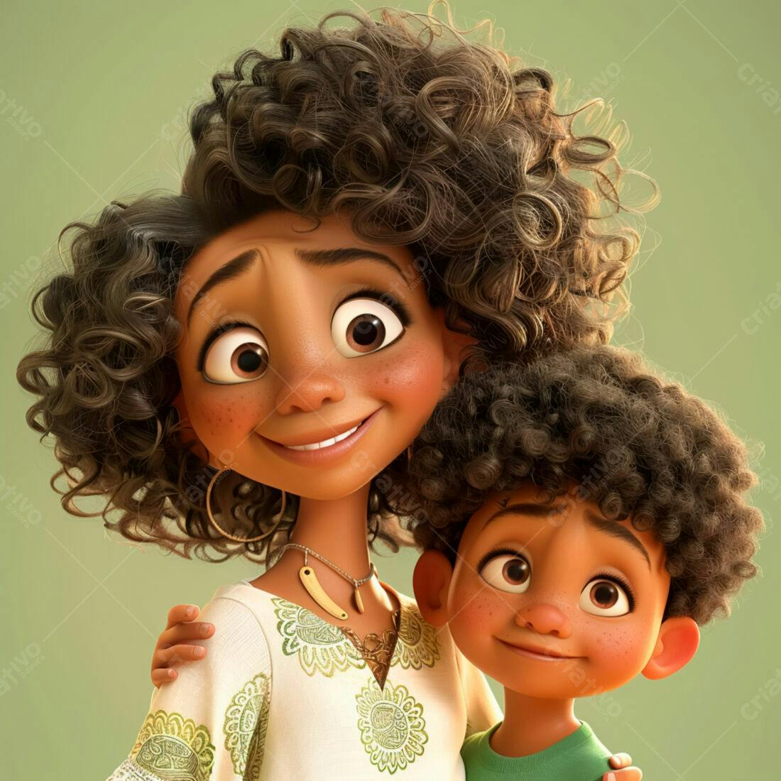 Mãe e filho negros sorrindo desenho animado