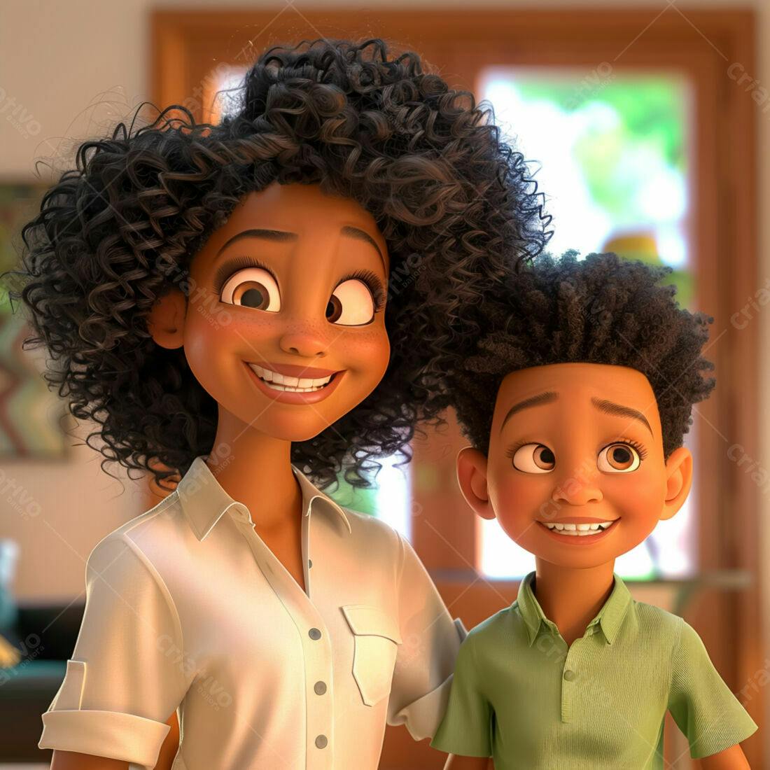 Mãe e filho negros sorrindo em casa