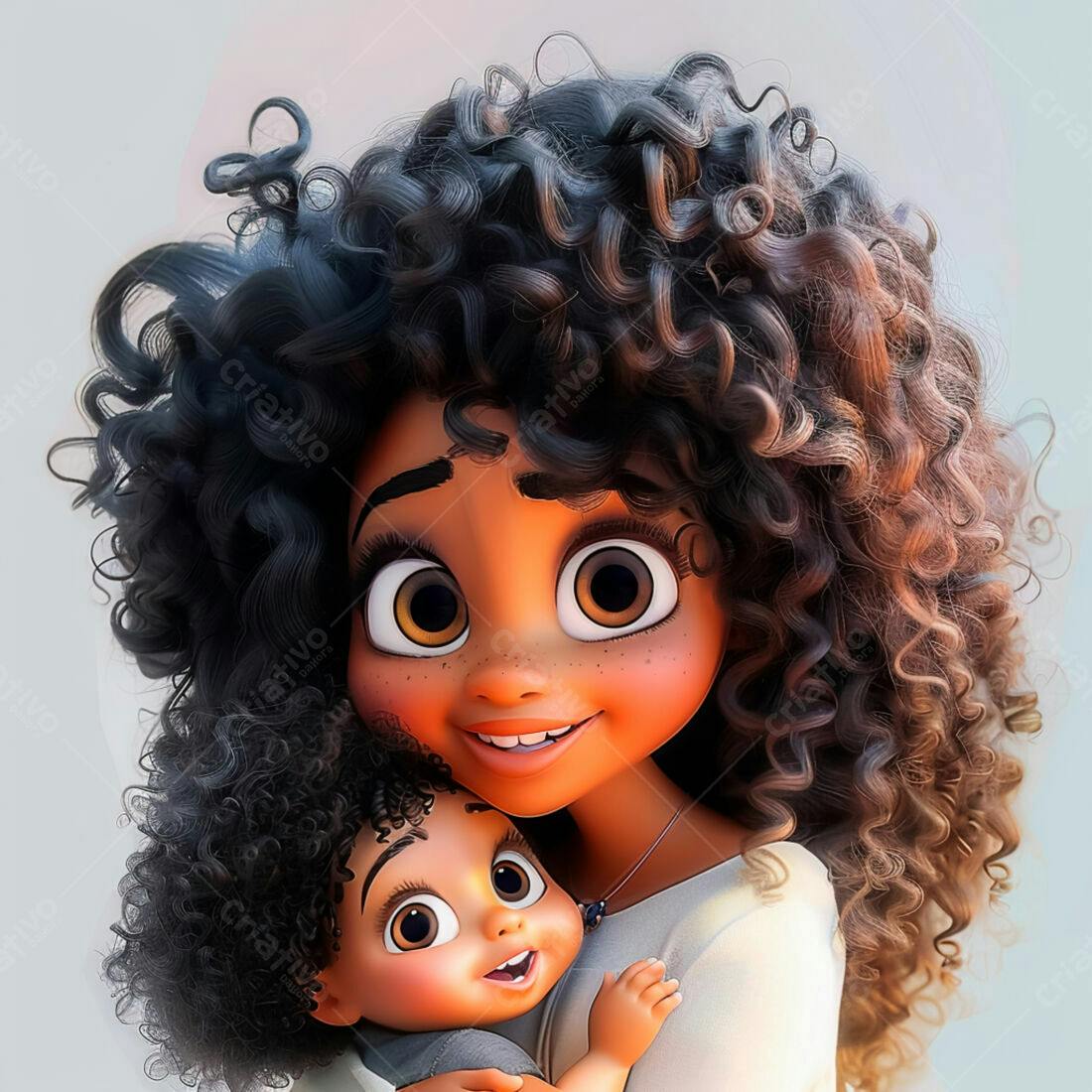 Mãe e filha negra abraçadas estilo cartoon