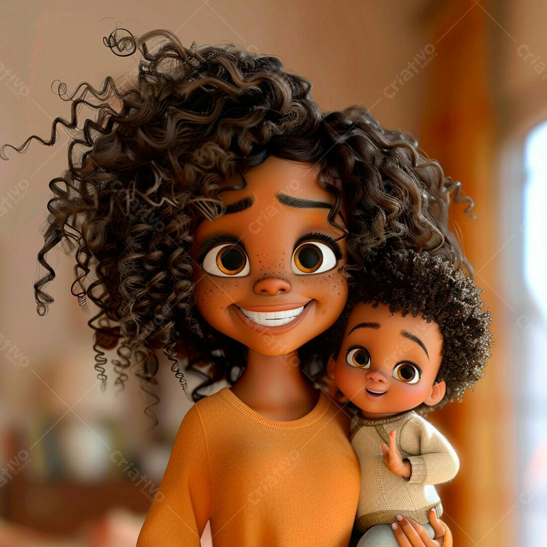 Mãe e filho negros sorrindo desenho animado