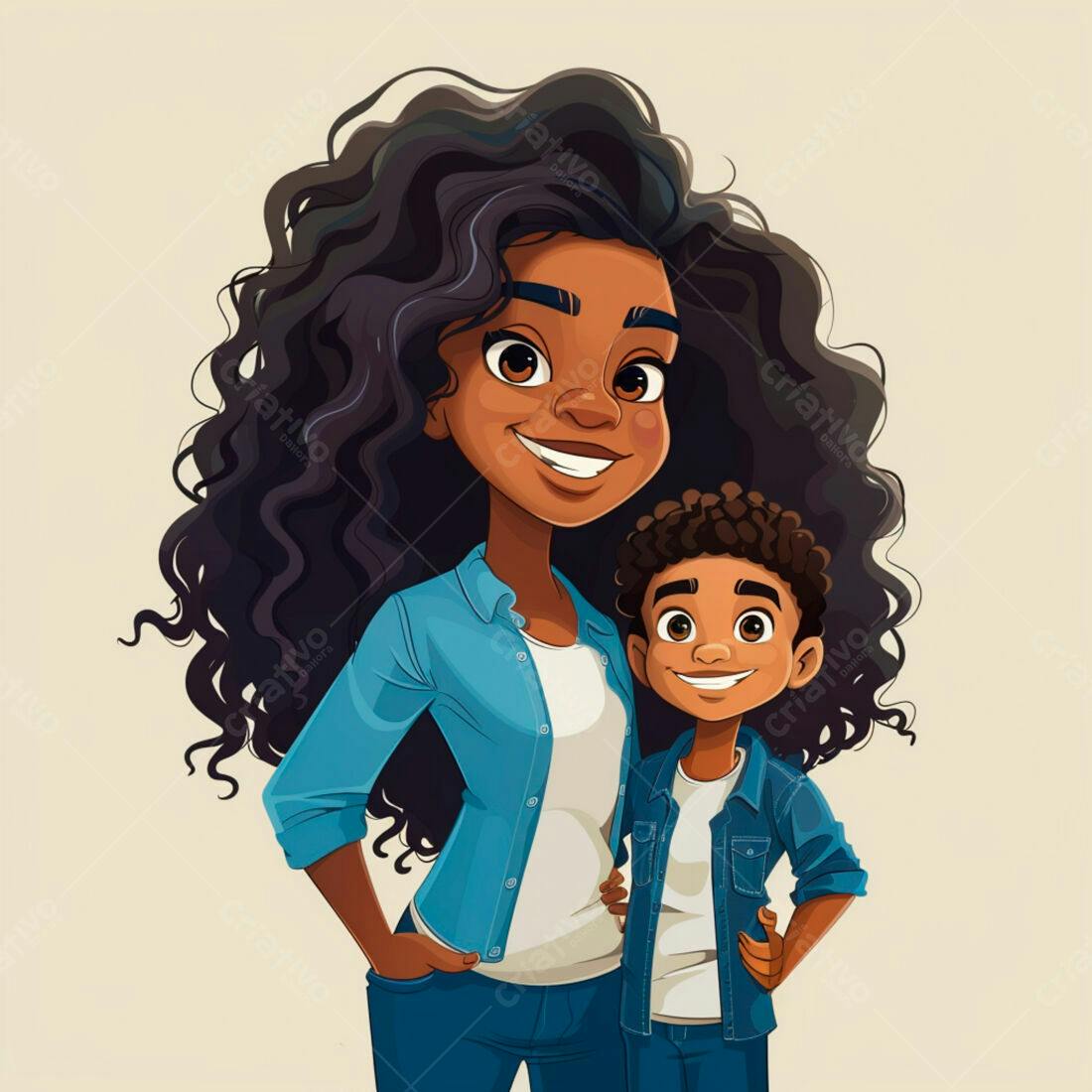 Mãe e filho negros sorrindo em desenho animado