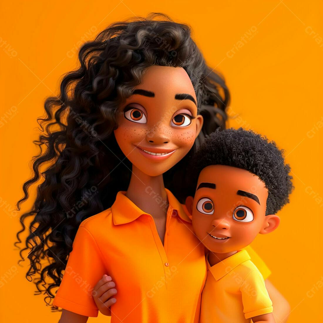 Mãe e filho negros sorrindo fundo laranja