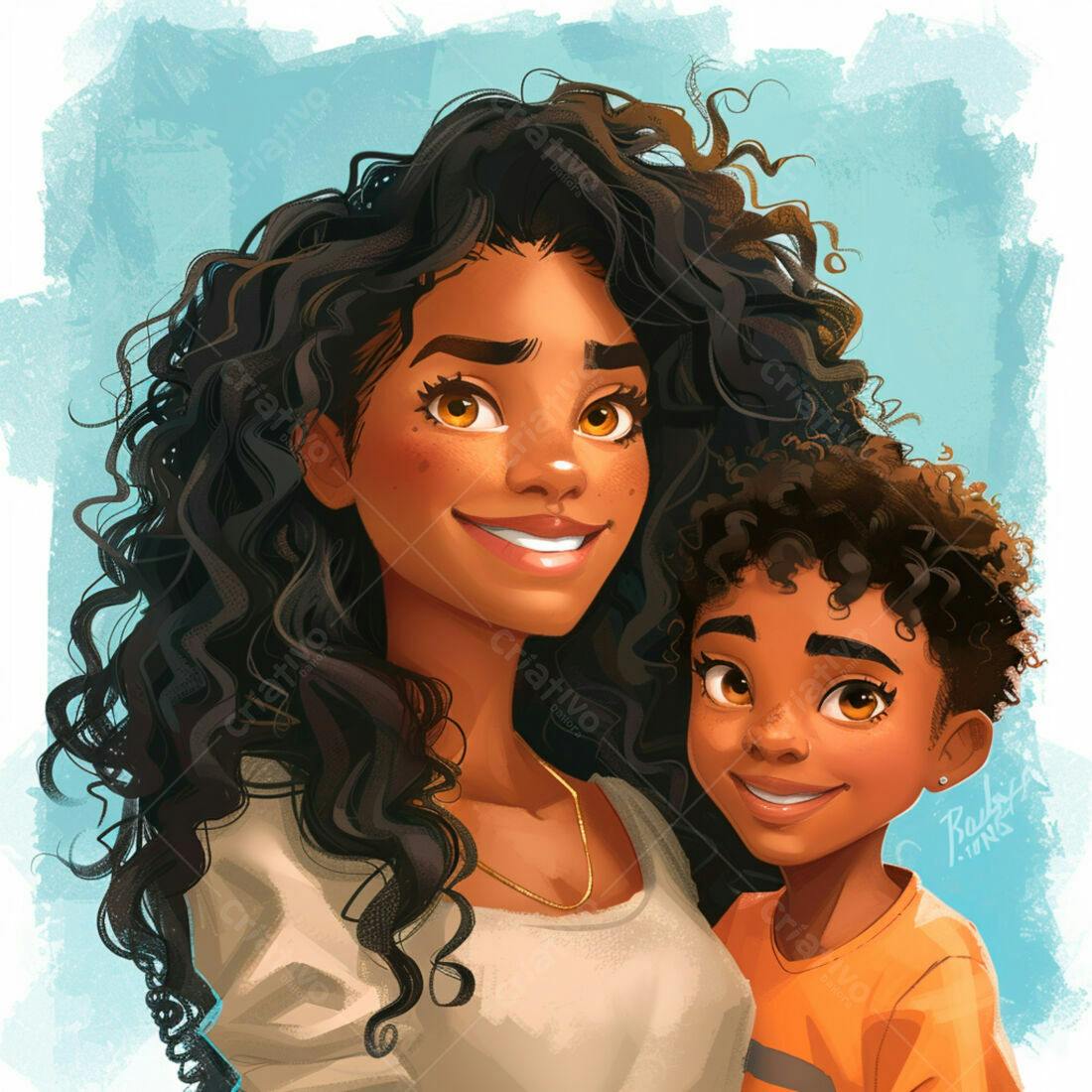 Mãe e filho sorrindo retrato estilo desenho animado