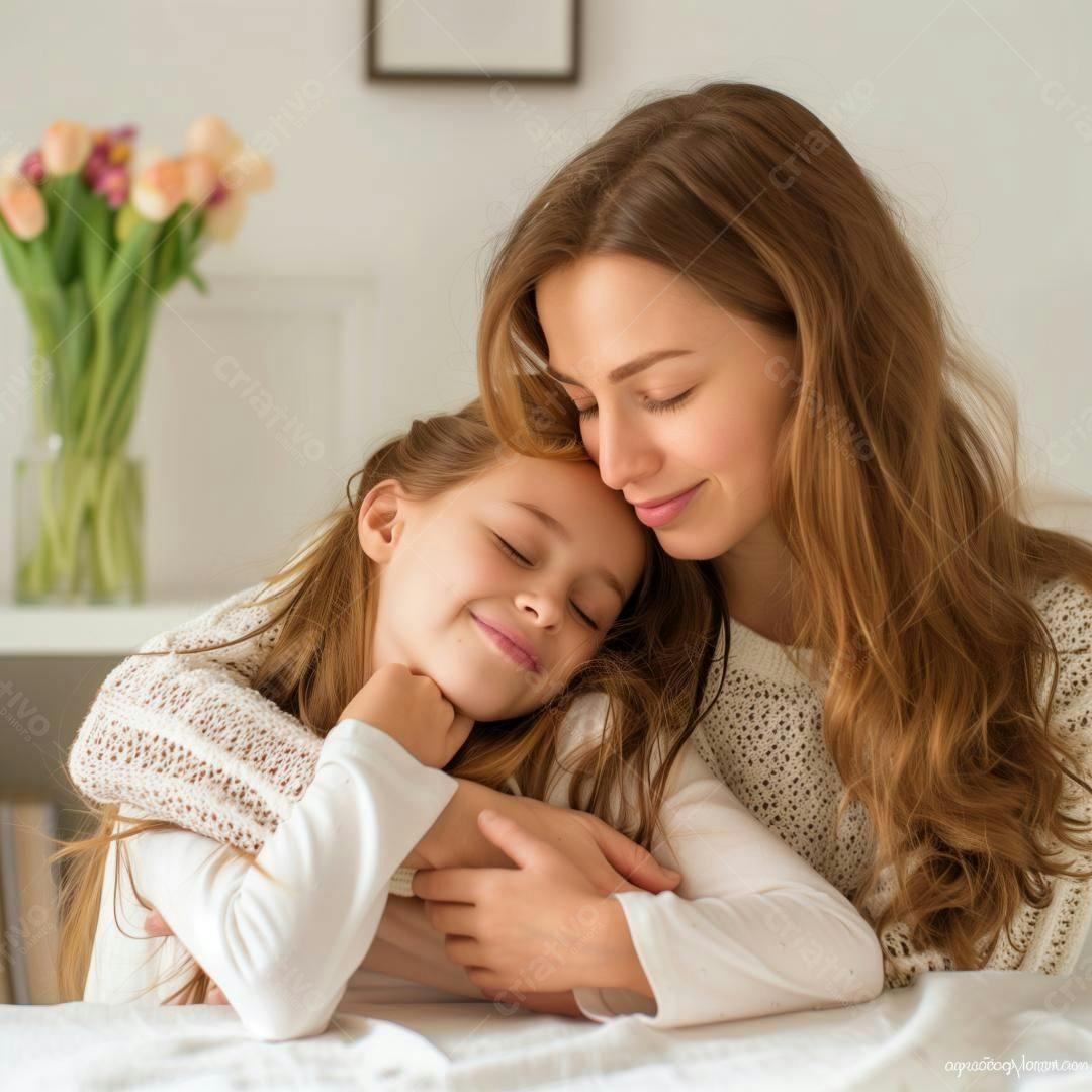 Mãe e filha abraçadas em casa