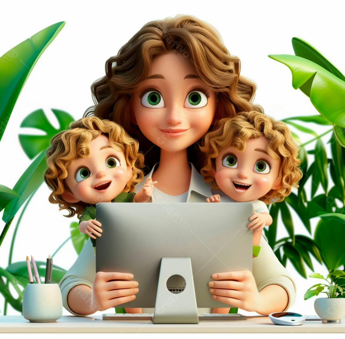 Mãe com gêmeos trabalhando em computador