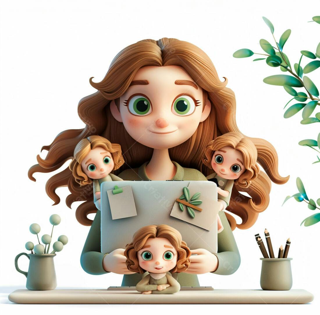 Mãe trabalhadora com filhas em ilustração 3D
