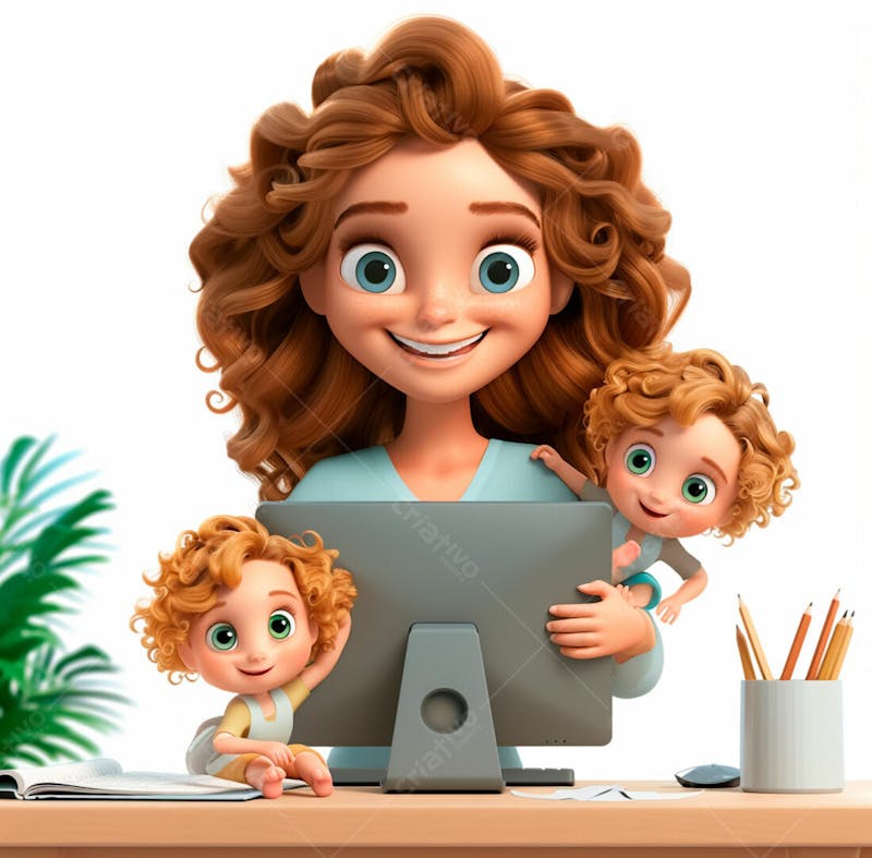 Imagem de uma mãe com seus filhos no computador 3
