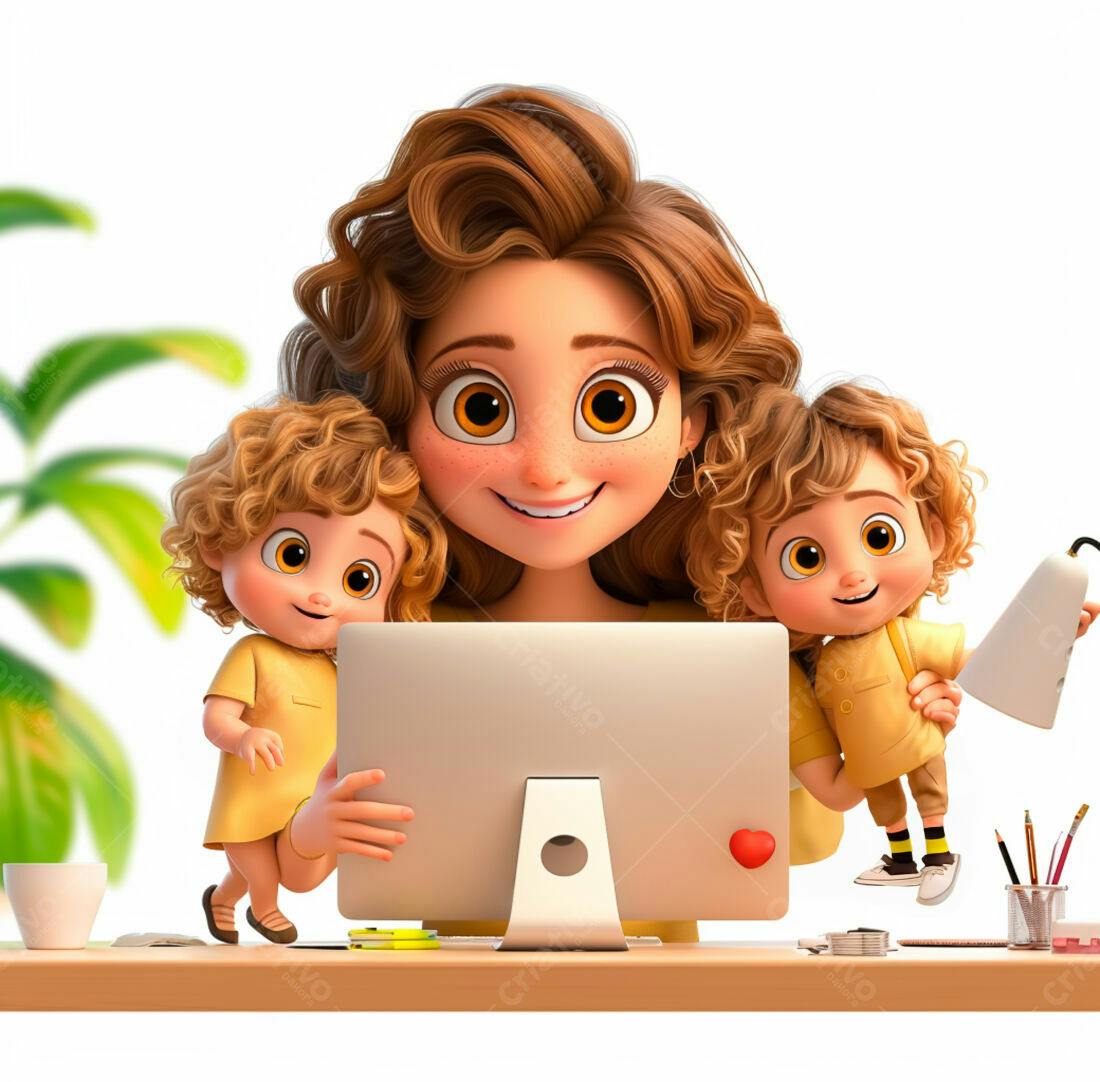 Mãe trabalhadora com dois filhos em casa