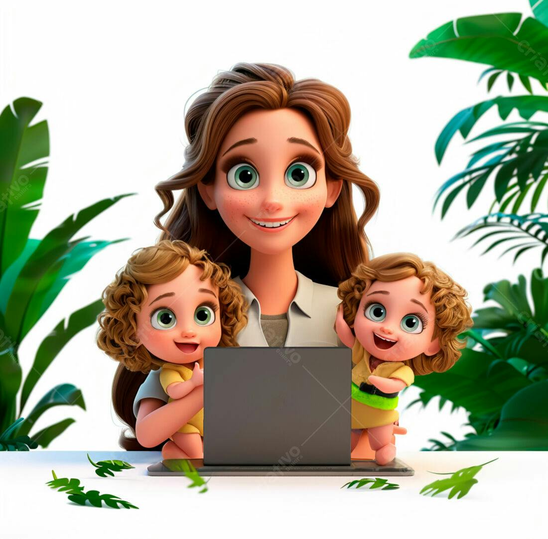 Mãe Trabalhando com Bebês Gêmeos em Notebook