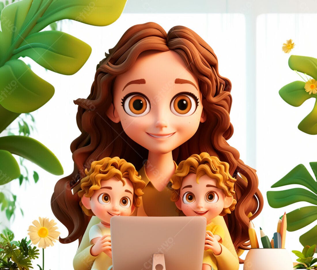 Mãe com gêmeos trabalhando em casa