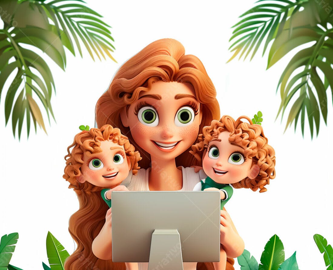 Mãe e filhas gêmeas usando laptop