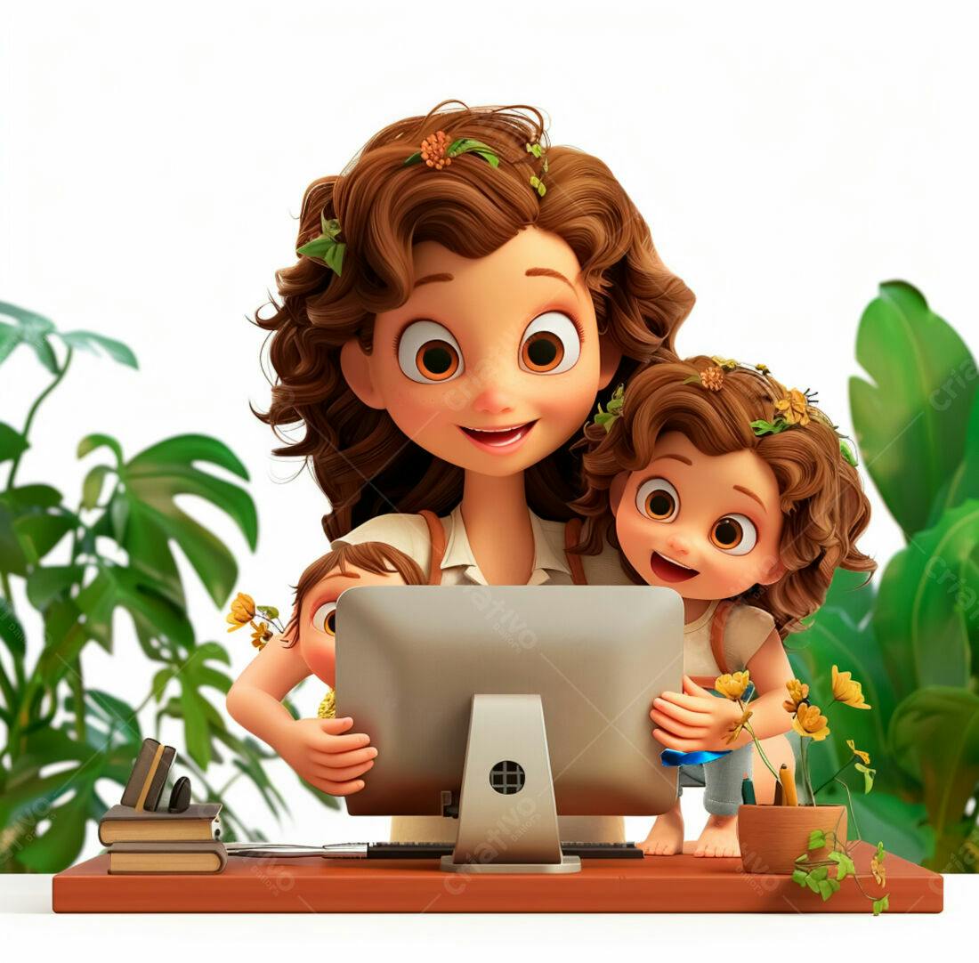 Mãe e filhas usando computador em casa