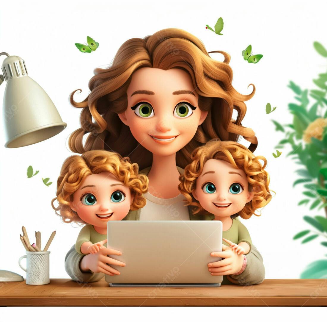 Mãe e gêmeas trabalhando em laptop