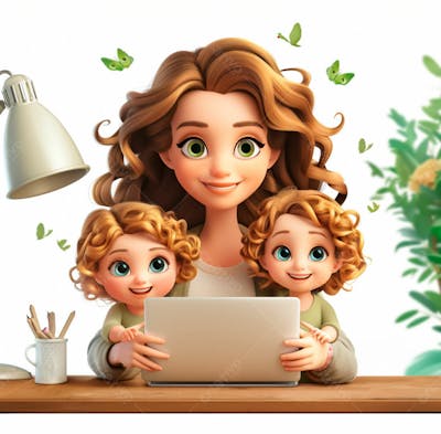 Imagem De Uma Mãe Com Seus Filhos No Computador 12