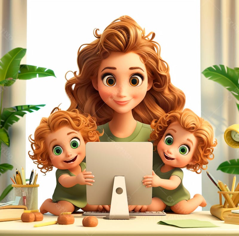 Imagem de uma mãe com seus filhos no computador 13