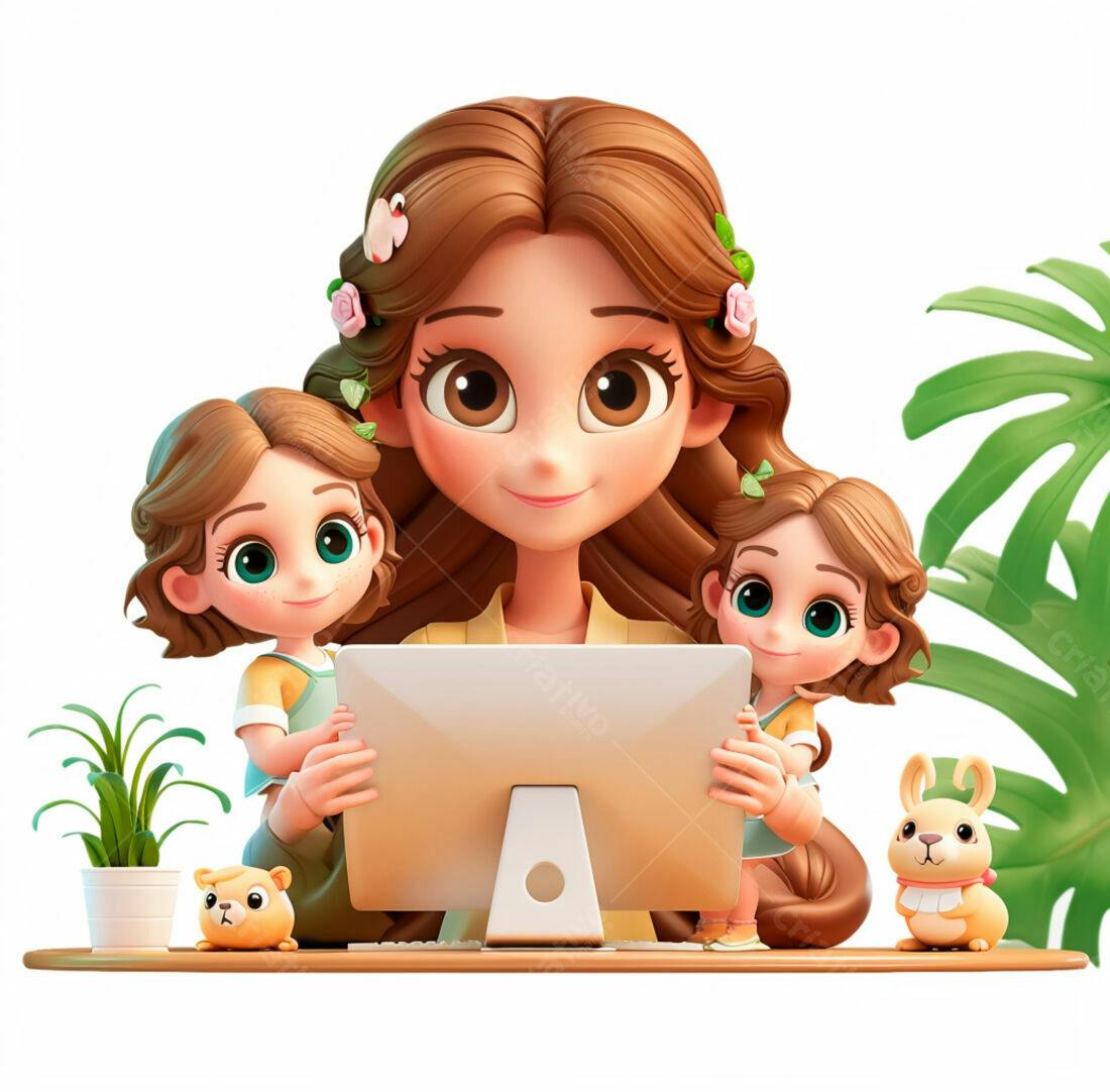 Mãe e filhas trabalhando em computador