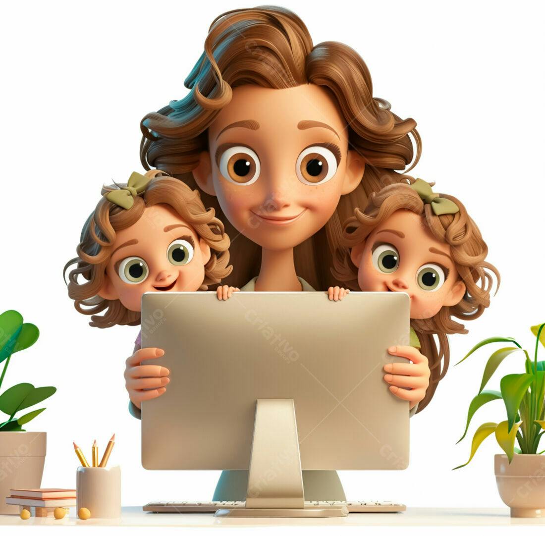 Mãe com gêmeas trabalhando em computador
