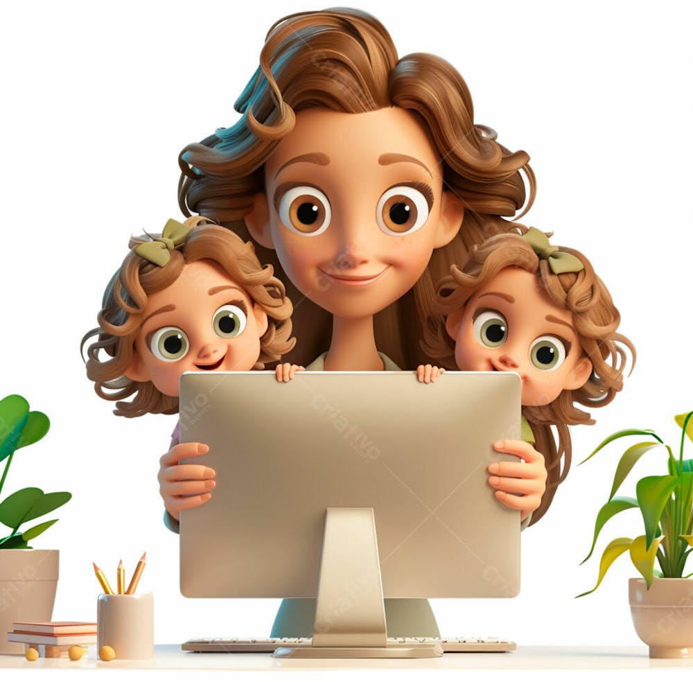 Imagem De Uma Mãe Com Seus Filhos No Computador 15