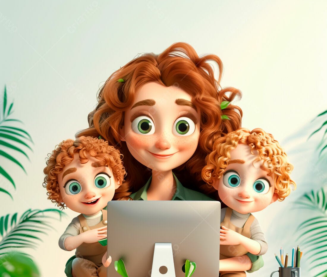 Mãe e filhos trabalhando em casa em laptop