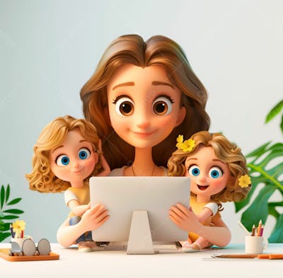 Imagem De Uma Mãe Com Seus Filhos No Computador 18
