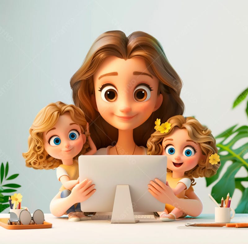 Imagem de uma mãe com seus filhos no computador 18
